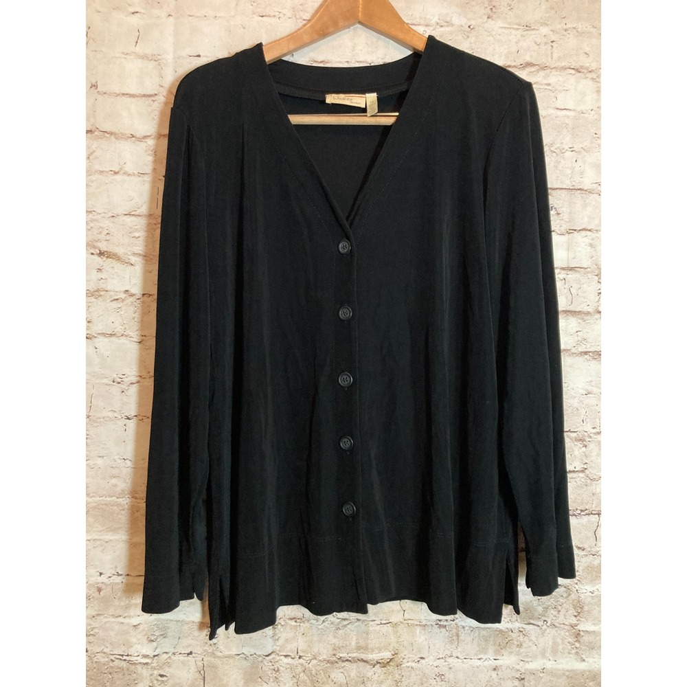 Choices Slinky Top Womens 1X Black Acetate Button Up Packable Stretchy Capsule